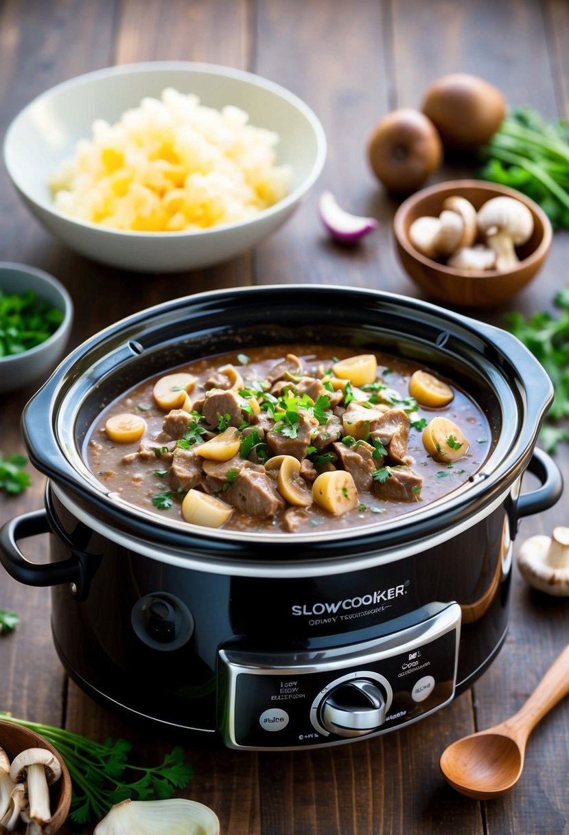 A slow cooker filled with skinny beef stroganoff, surrounded by low-calorie ingredients like mushrooms, onions, and Greek yogurt