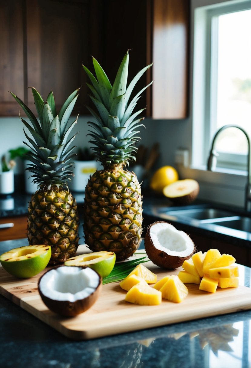 A kitchen counter with fresh pineapples, coconuts, and other ingredients laid out for making fruit dumplings