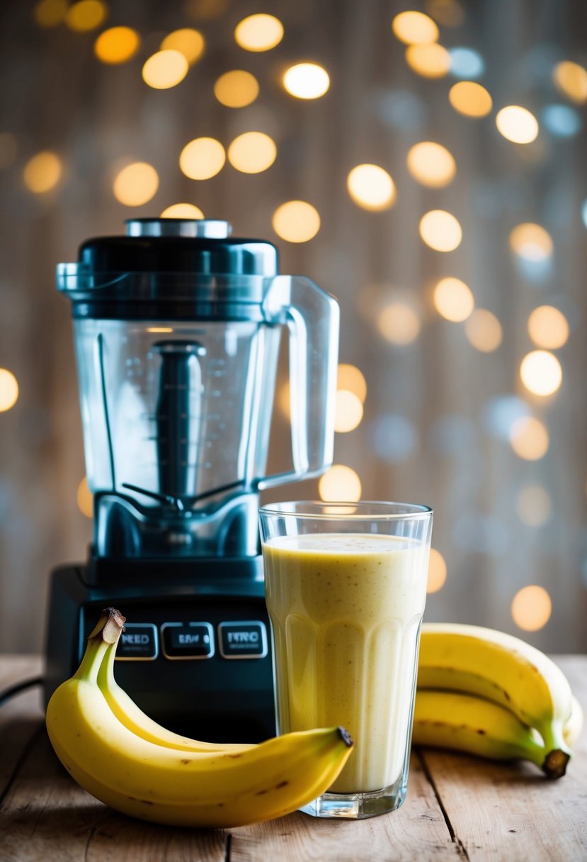 A ripe banana, a blender, and a glass filled with a creamy yellow smoothie