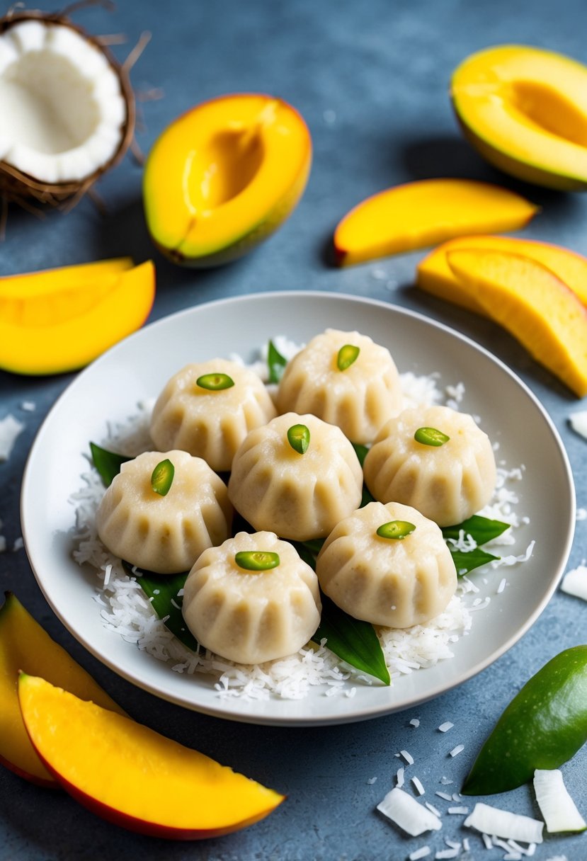 A plate of mango sticky rice dumplings surrounded by fresh mango slices and coconut shavings