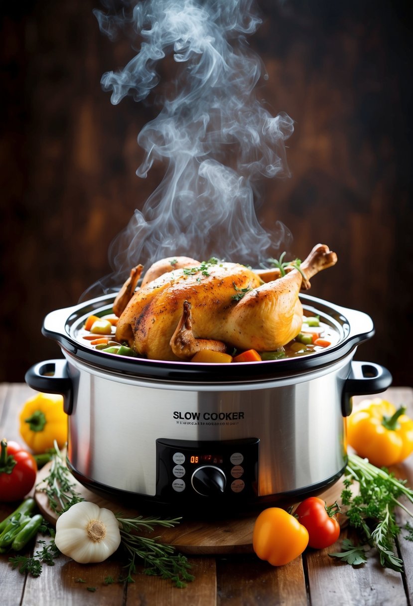 A slow cooker filled with Spanish chicken, surrounded by colorful vegetables and herbs, emitting a savory aroma