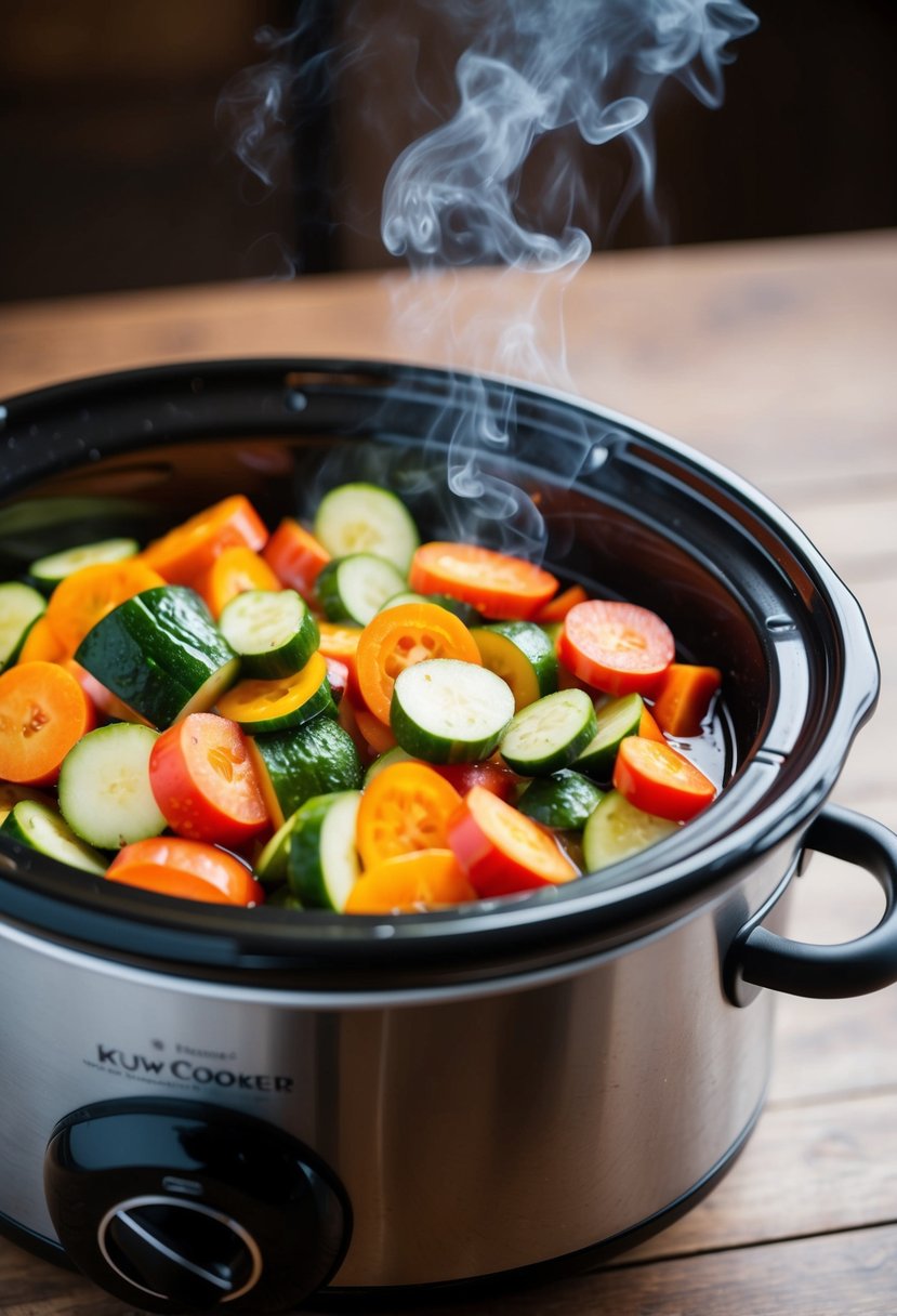 A colorful array of sliced vegetables simmering in a slow cooker, emitting a savory aroma