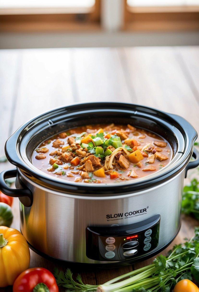 A slow cooker filled with bubbling, low calorie turkey or chicken chili, surrounded by fresh vegetables and herbs