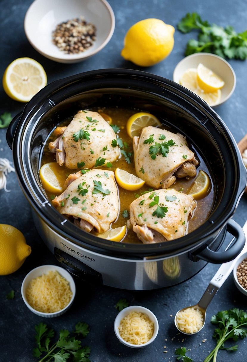 A slow cooker filled with lemon garlic chicken surrounded by low calorie ingredients