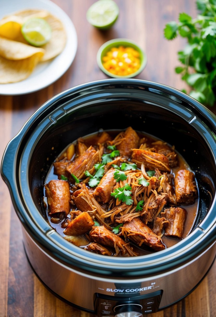 A slow cooker filled with skinny carnitas simmering with low-calorie ingredients