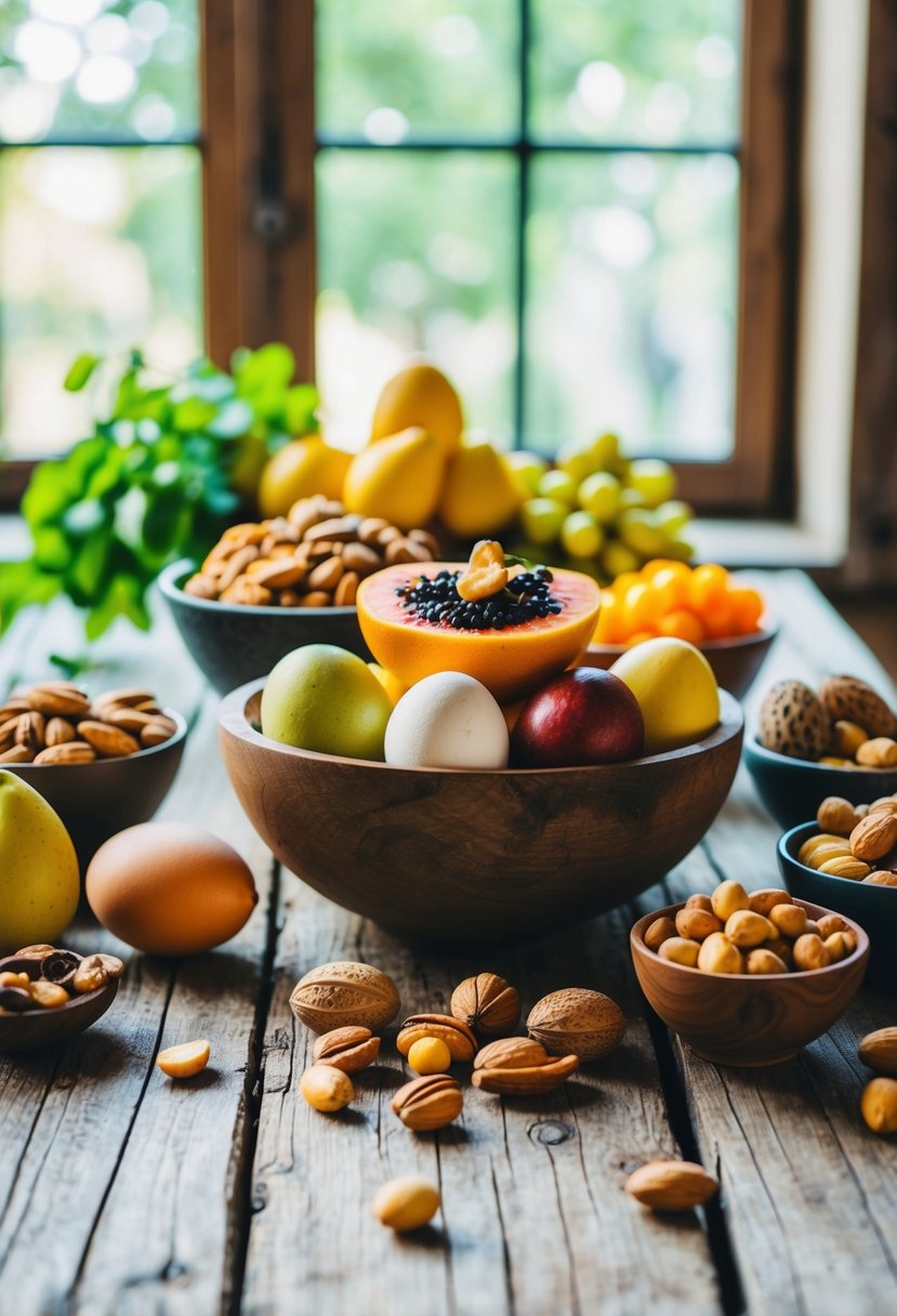 A rustic wooden table set with a variety of colorful fruits, nuts, and eggs, surrounded by natural light streaming in through a window