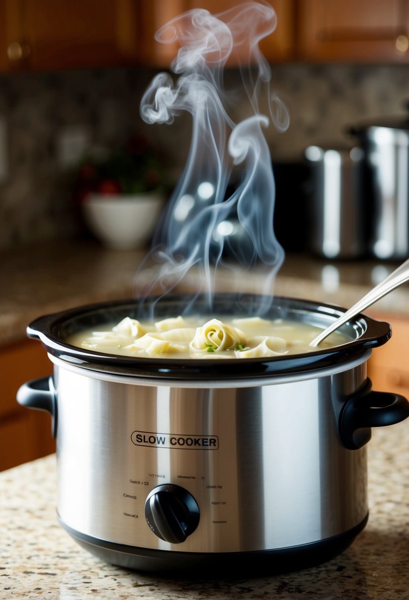 A slow cooker sits on a kitchen counter, filled with low-calorie cabbage roll soup. Steam rises from the pot, with a ladle resting on the side