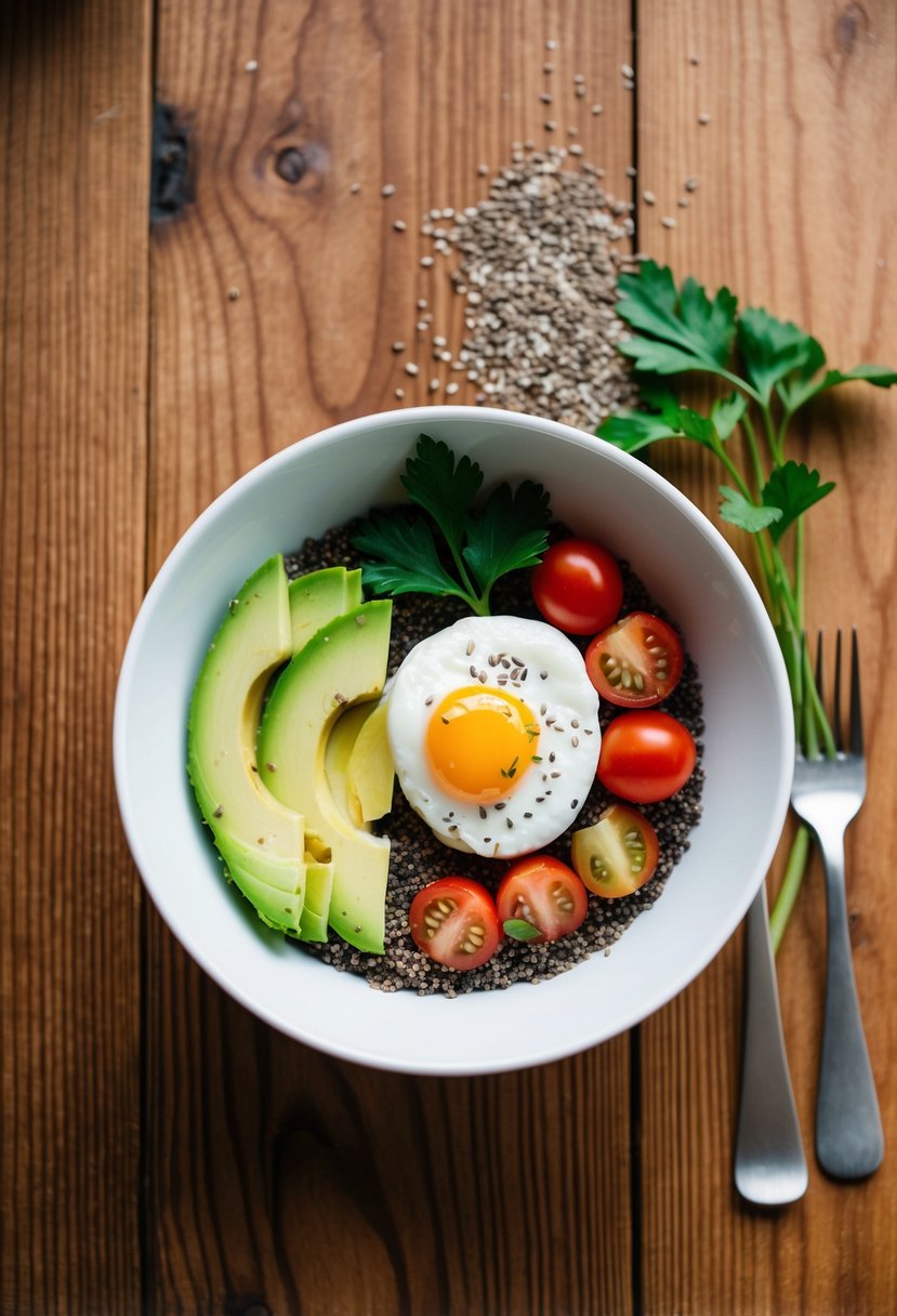 A wooden table set with a white bowl filled with sliced avocado, a poached egg, and cherry tomatoes, surrounded by scattered chia seeds and a sprig of fresh parsley