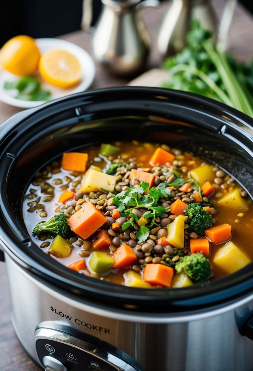 A slow cooker filled with colorful vegetables and lentils simmering in a flavorful broth