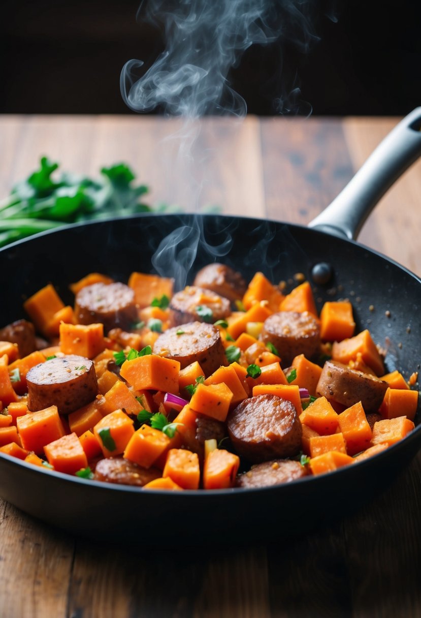 A skillet sizzling with diced sweet potatoes, sausage, and colorful vegetables, emitting a mouthwatering aroma