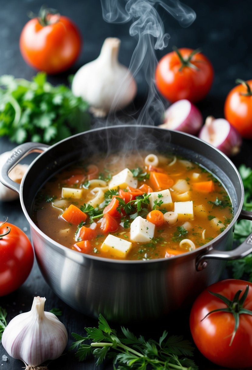 A steaming pot of Greek soup surrounded by fresh ingredients like tomatoes, onions, garlic, and herbs