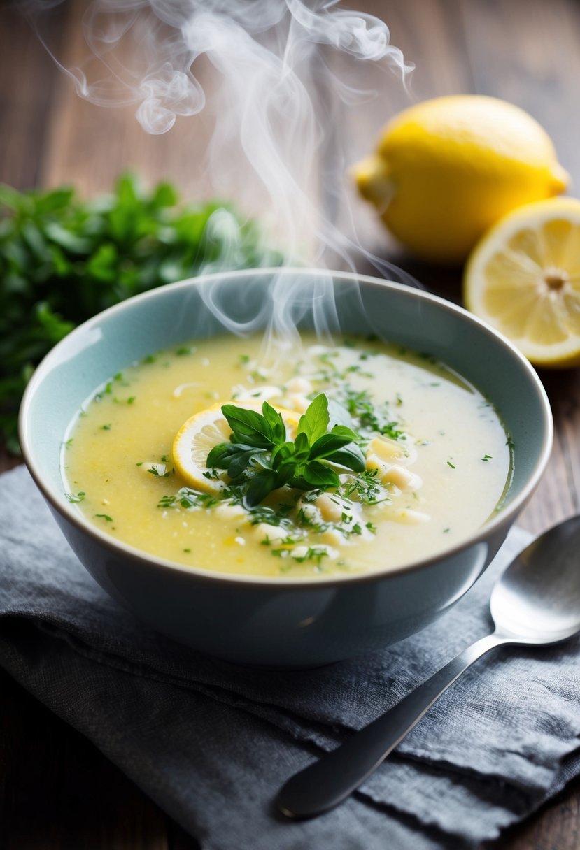 A steaming bowl of Avgolemono soup with a sprinkle of fresh herbs and a slice of lemon on the side