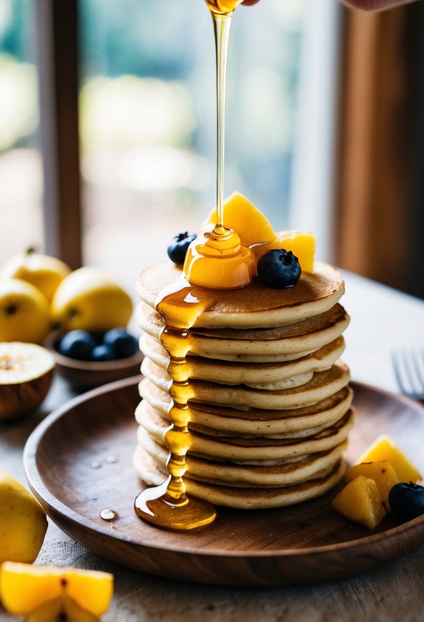 A stack of paleo banana pancakes topped with fresh fruit and drizzled with honey, served on a rustic wooden plate