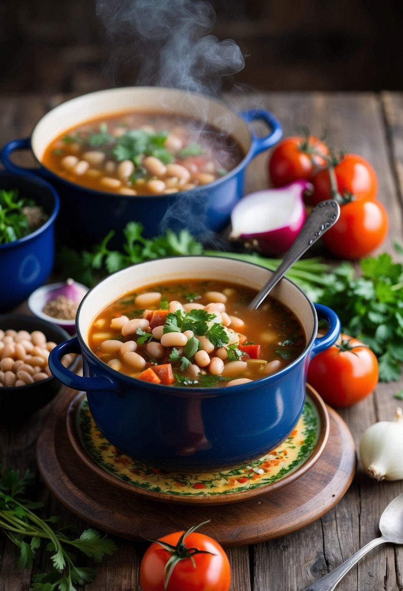 A steaming pot of Fasolada soup surrounded by fresh ingredients like beans, tomatoes, onions, and herbs on a rustic wooden table