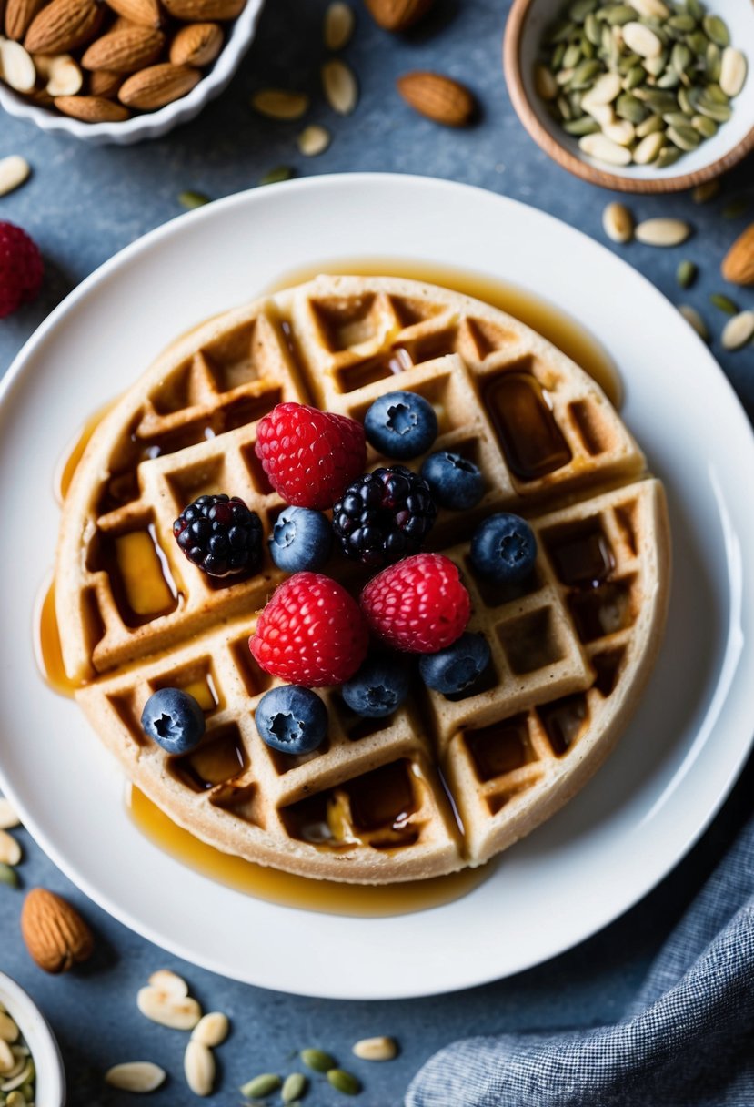 A plate of almond flour waffles topped with fresh berries and drizzled with maple syrup, surrounded by a scattering of nuts and seeds