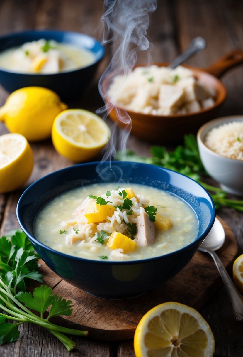 A steaming bowl of Kotosoupa Avgolemono sits on a rustic wooden table, surrounded by fresh ingredients like chicken, rice, and lemons