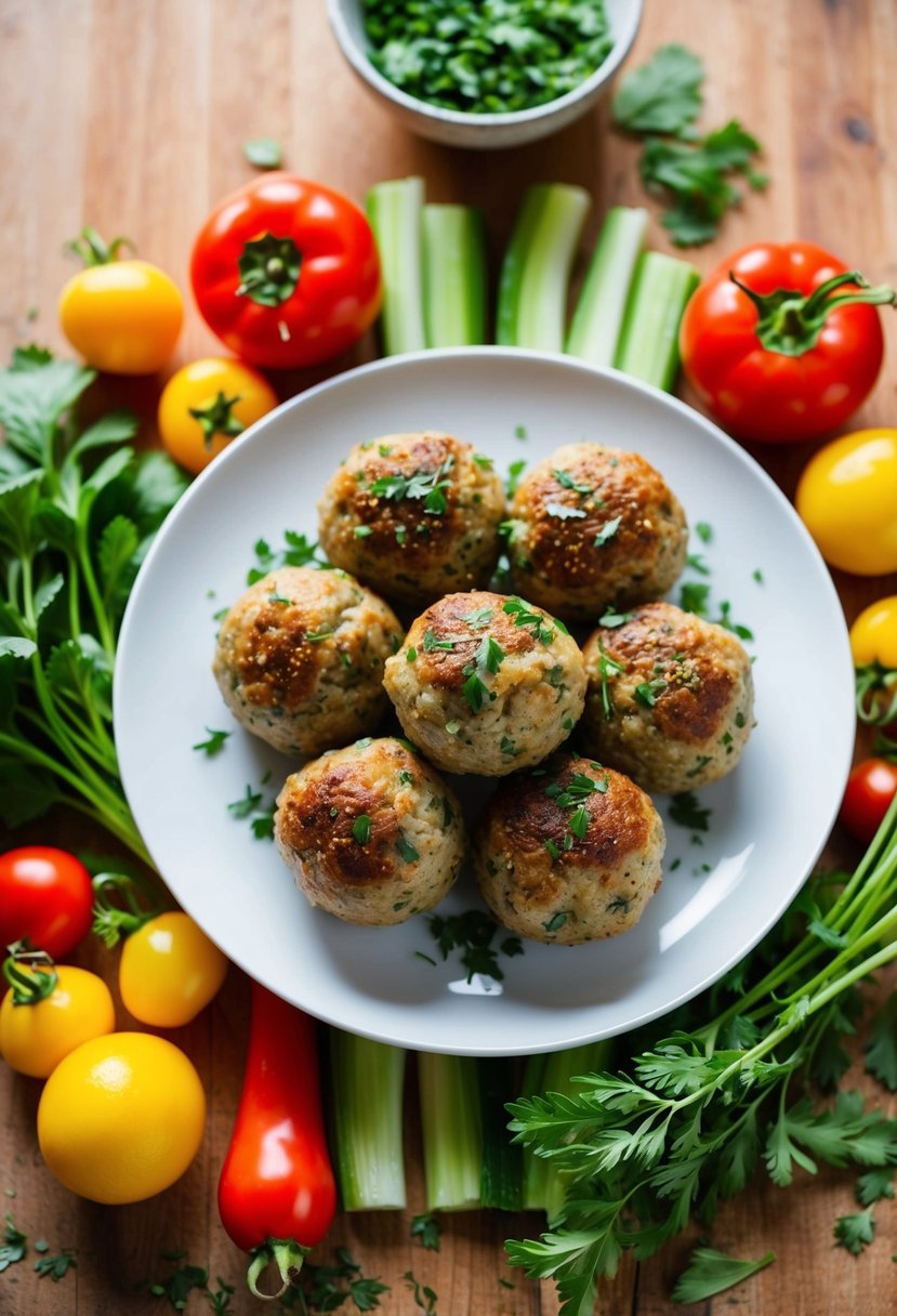 A plate of breakfast meatballs surrounded by fresh vegetables and a sprinkle of herbs