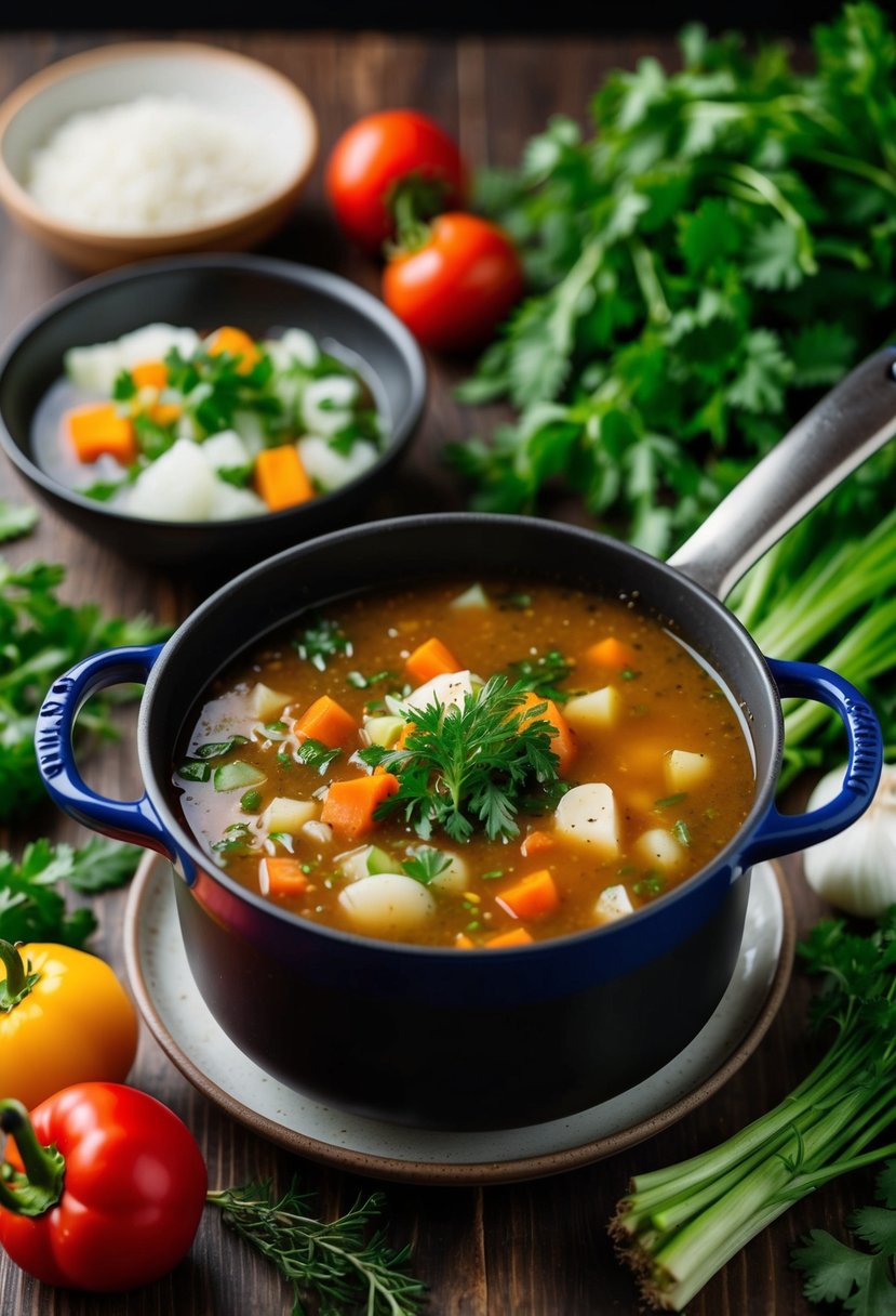 A pot of simmering magiritsa soup surrounded by fresh vegetables and herbs