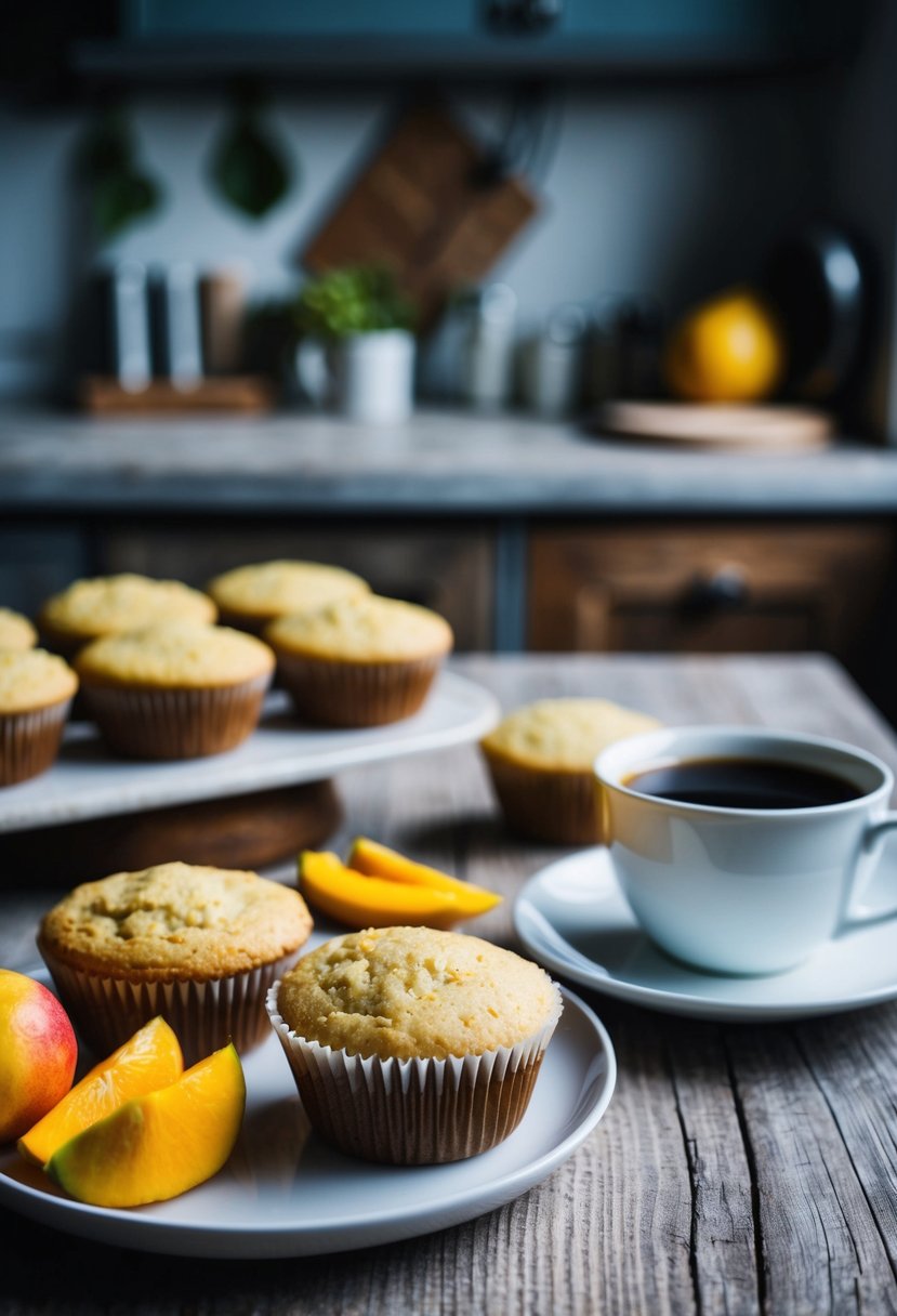 A table set with coconut flour muffins, fresh fruit, and a cup of coffee, with a rustic kitchen in the background