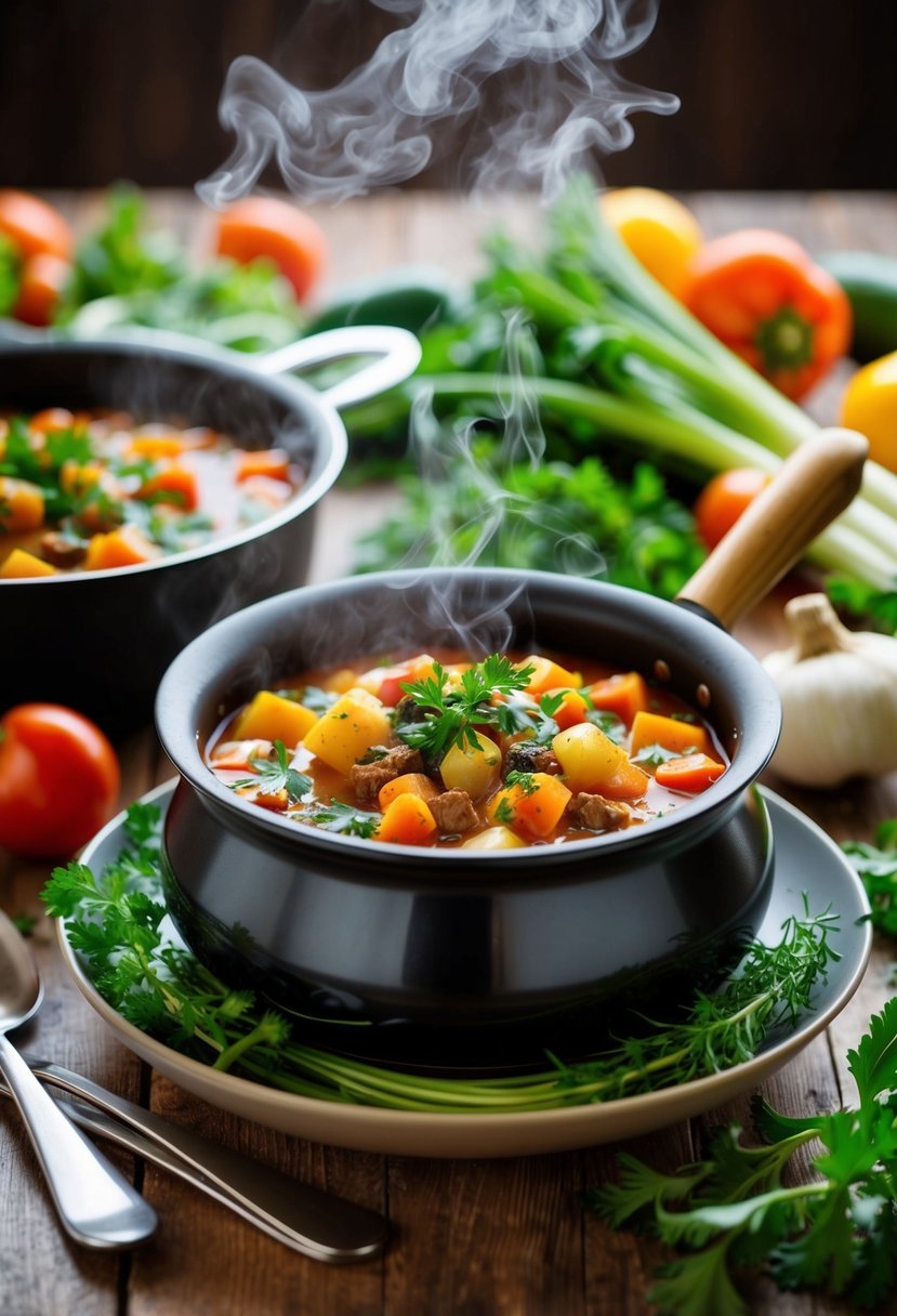 A steaming pot of Psarosoupa surrounded by fresh vegetables and herbs