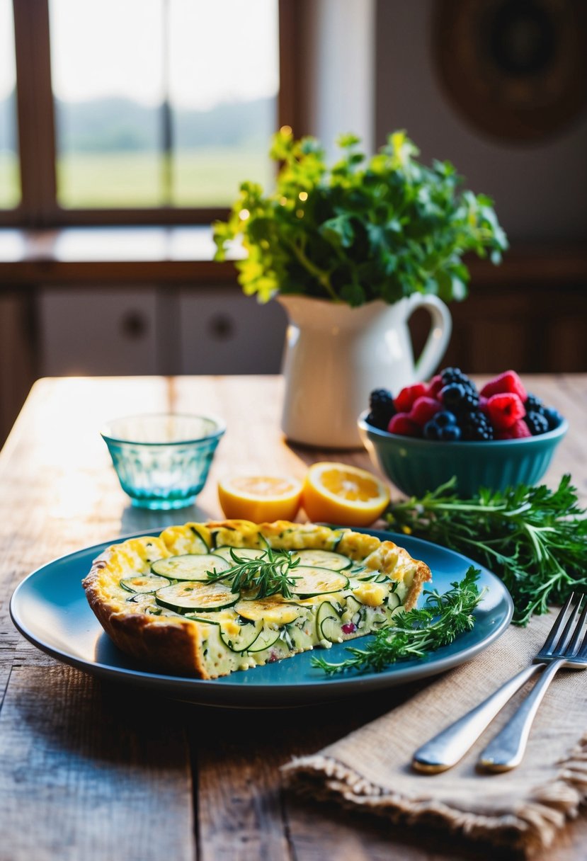 A rustic kitchen table set with a colorful zucchini frittata, fresh herbs, and a side of mixed berries, bathed in natural morning light