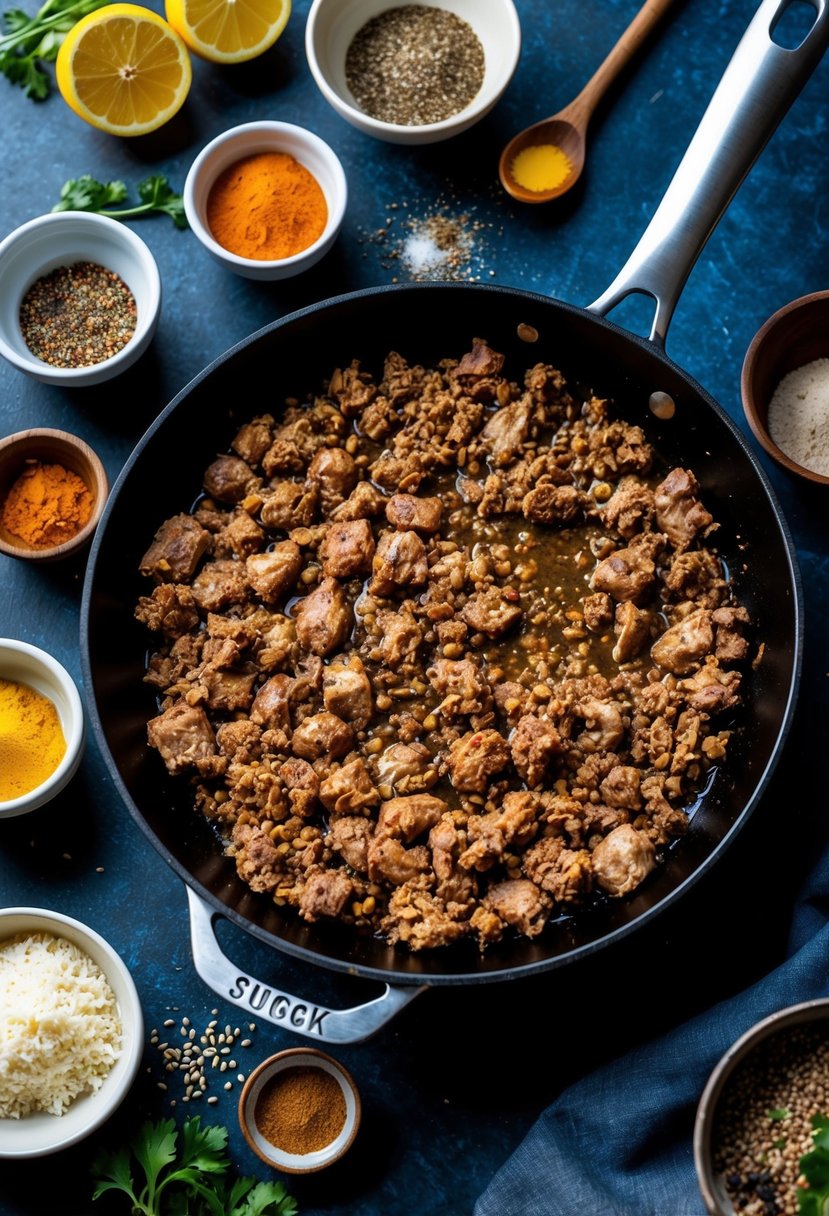 A sizzling skillet with ground chuck, surrounded by various ingredients and spices, ready to be cooked into a delicious dinner