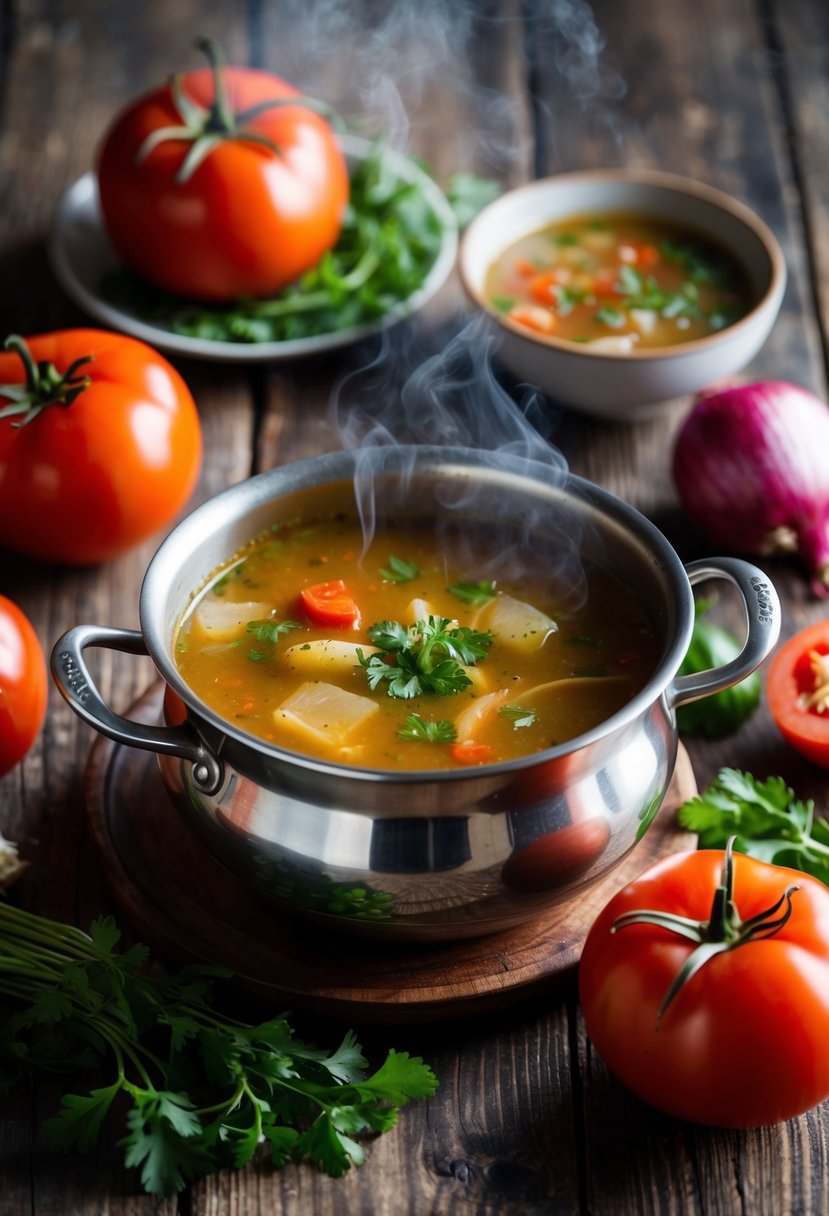 A steaming pot of Trahana Soup sits on a rustic wooden table, surrounded by fresh ingredients like tomatoes, onions, and herbs