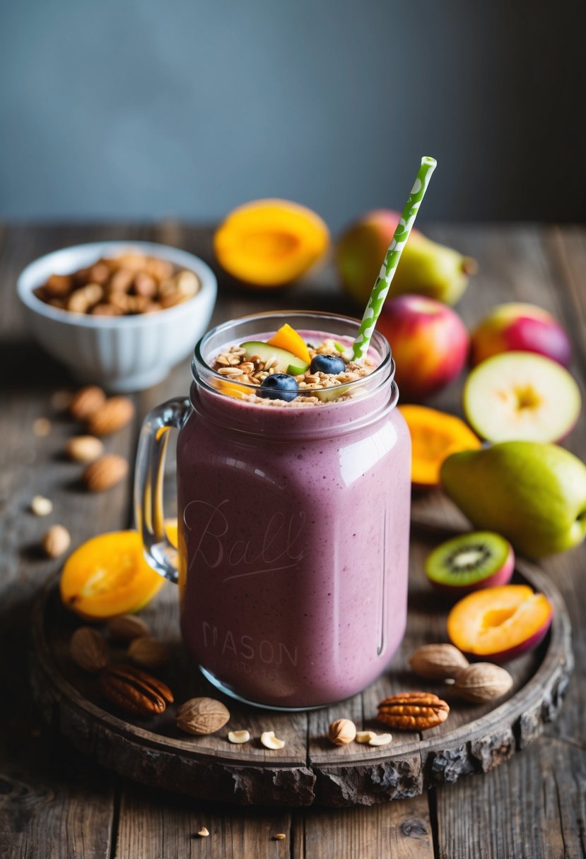 A rustic wooden table with a mason jar filled with a colorful Paleo breakfast smoothie, surrounded by fresh fruits and nuts