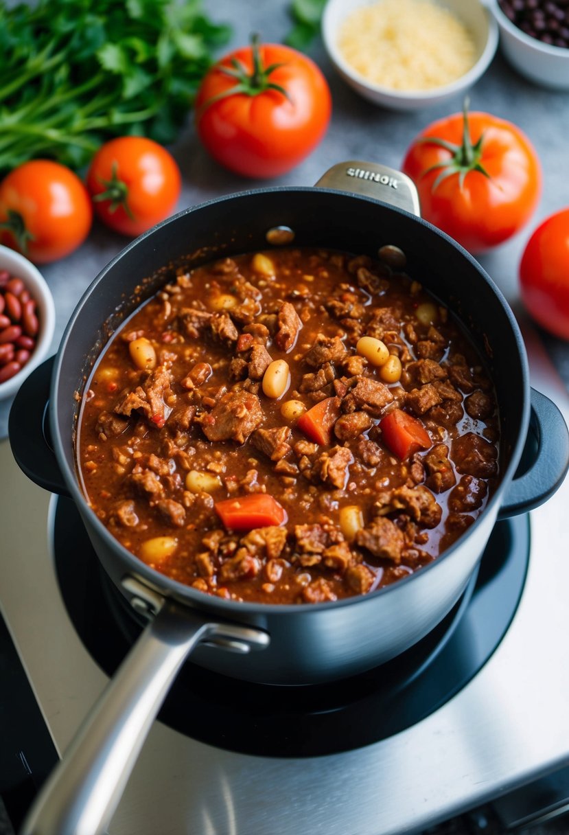 A simmering pot of classic beef chili on a stovetop, surrounded by ingredients like ground chuck, tomatoes, beans, and spices