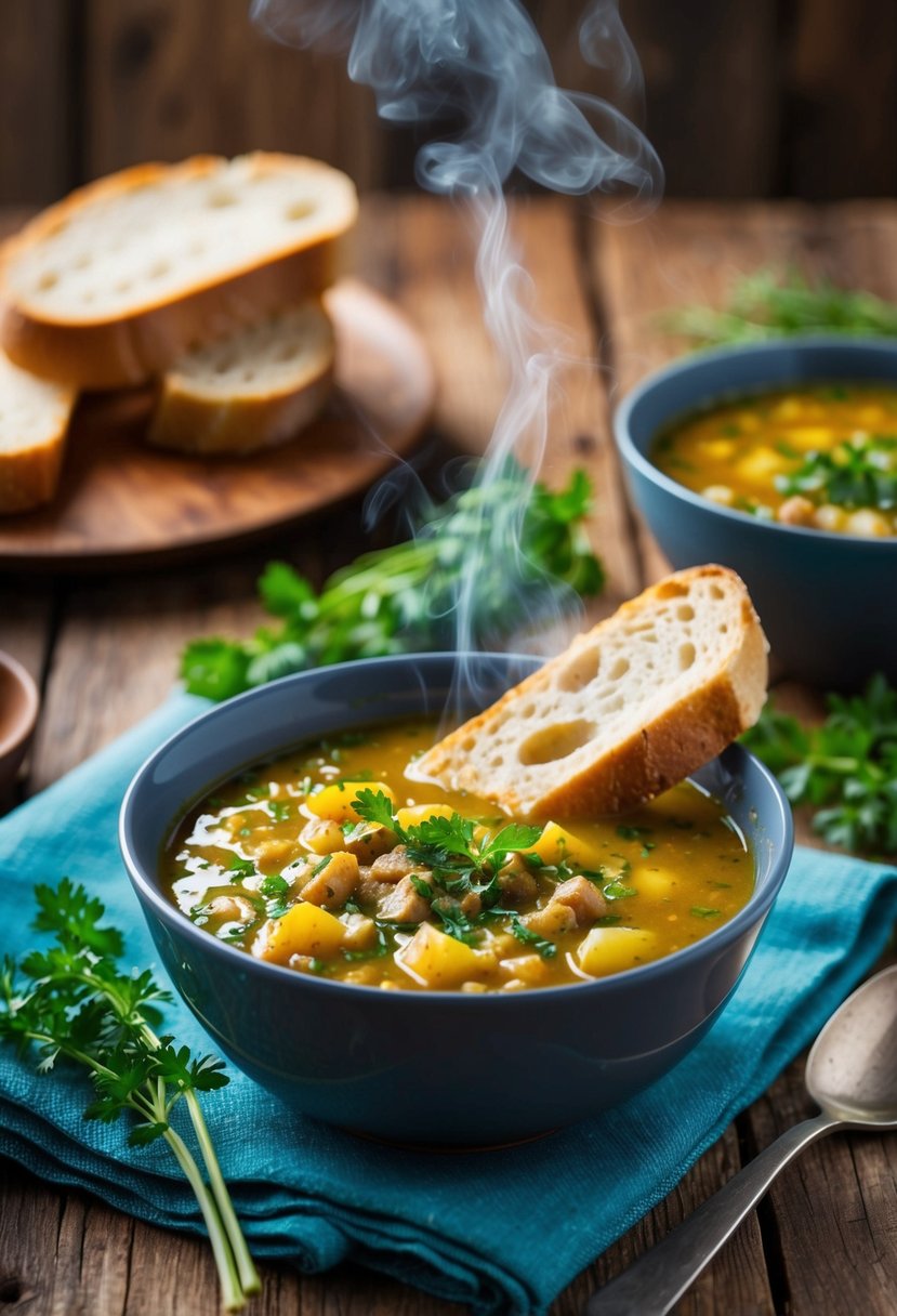 A steaming bowl of Kalamara Soup sits on a rustic wooden table, surrounded by fresh herbs and a slice of crusty bread