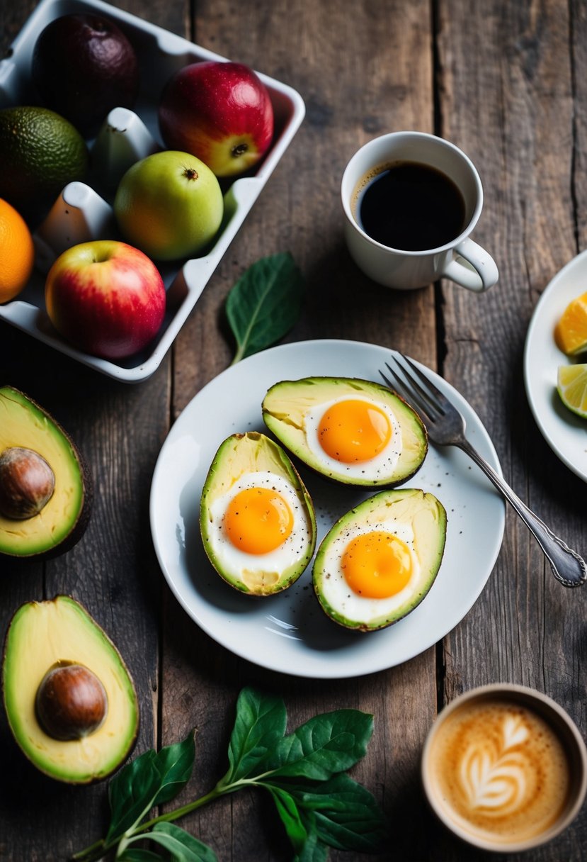 A rustic kitchen table with a plate of baked avocado eggs, surrounded by fresh fruits and a cup of coffee