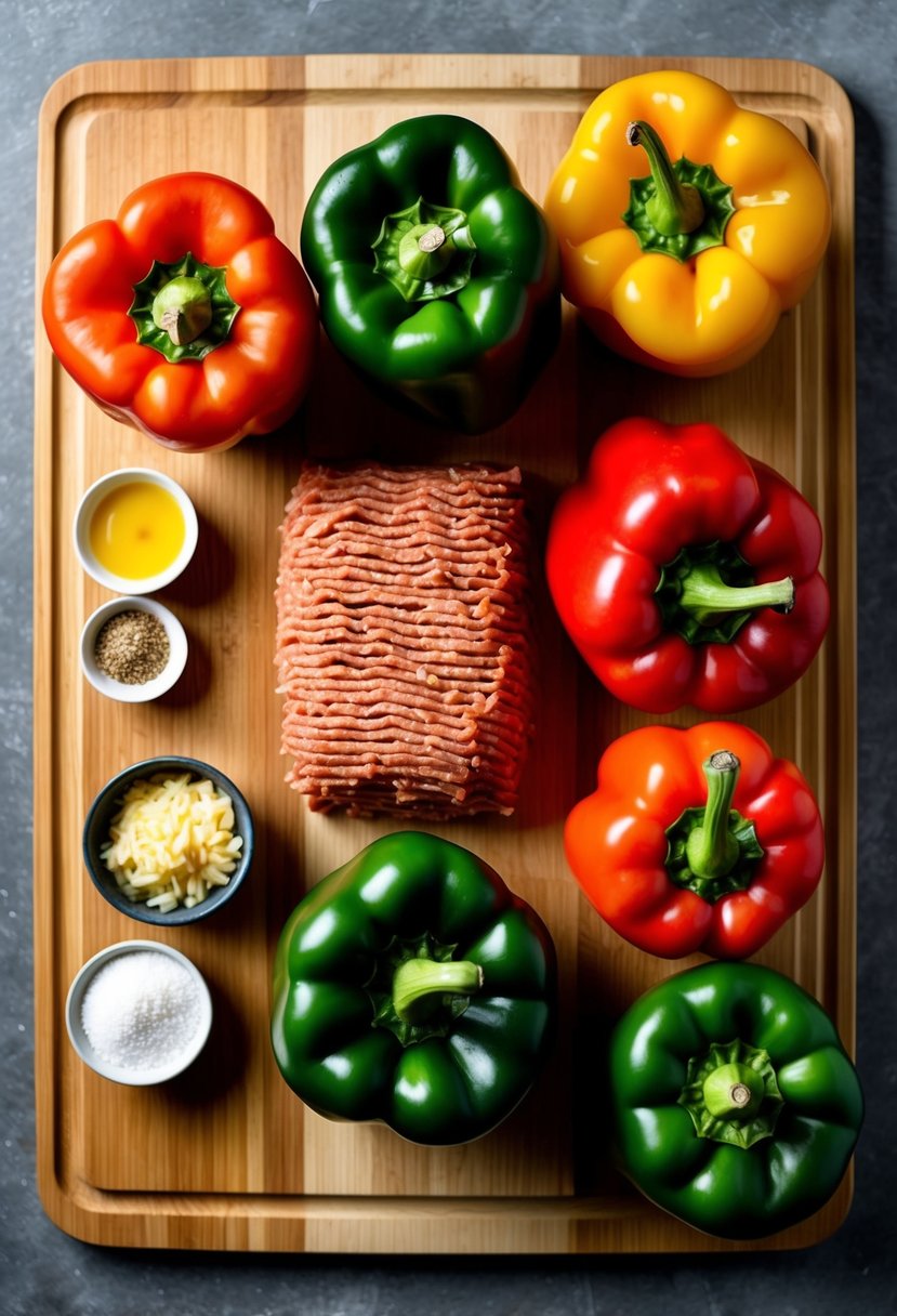 A cutting board with bell peppers, ground chuck, and various ingredients arranged for a stuffed bell peppers recipe