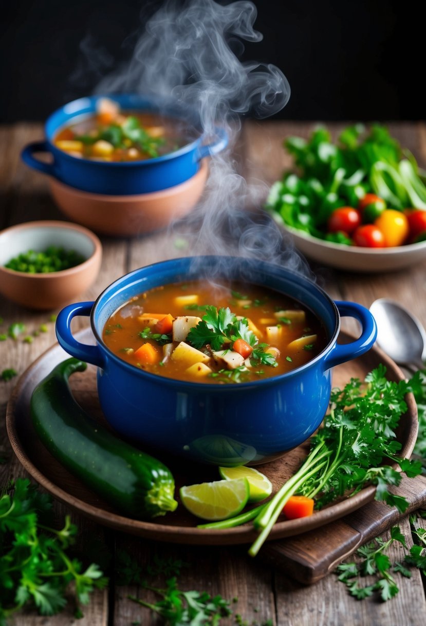 A steaming pot of Soupa Manestra surrounded by fresh vegetables and herbs on a rustic kitchen table