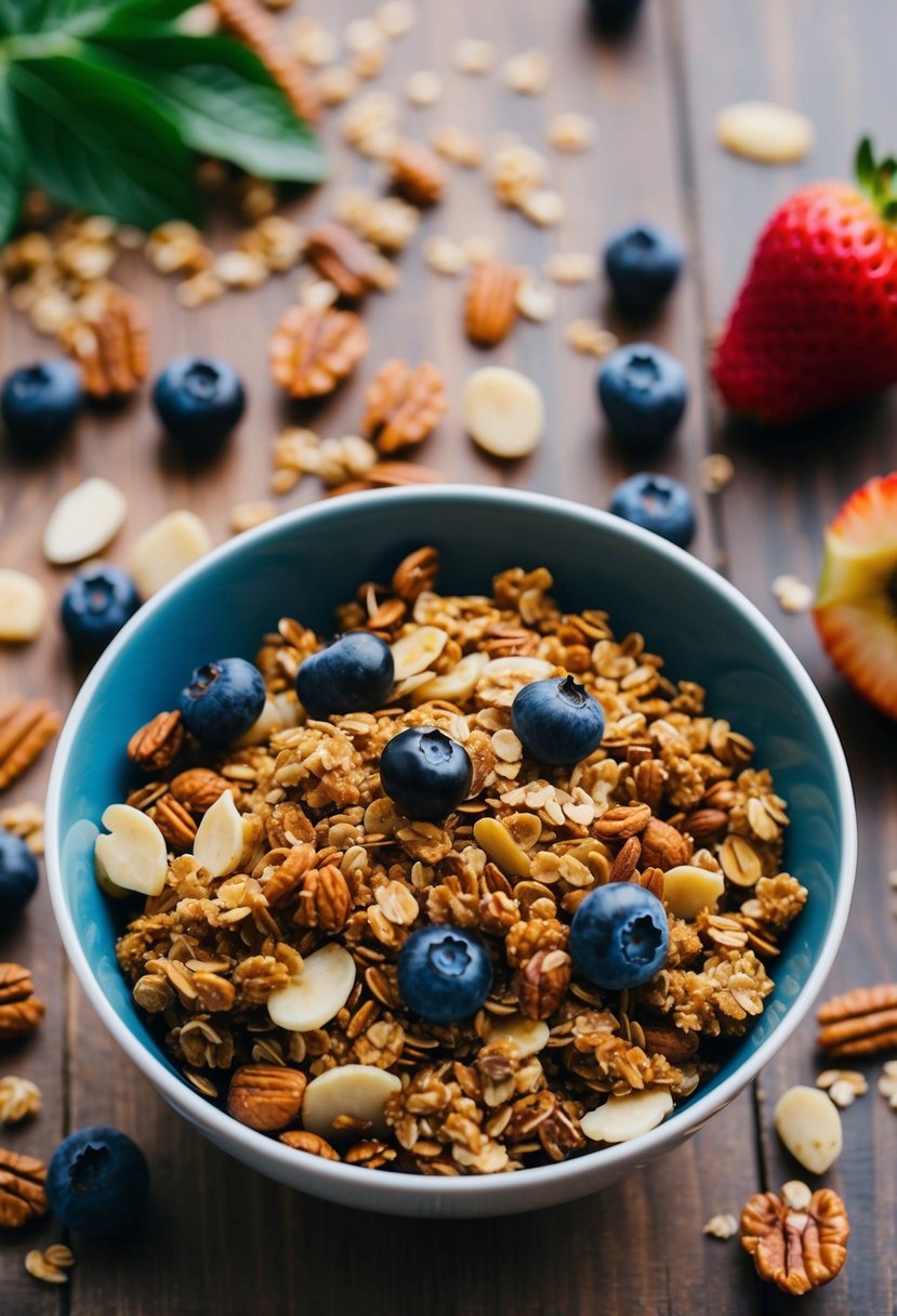 A bowl of Nutty Paleo Granola surrounded by fresh berries and nuts on a wooden table