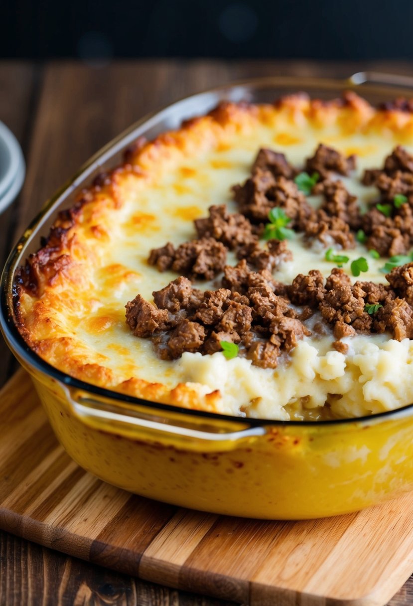 A bubbling casserole dish filled with savory ground chuck, creamy mashed potatoes, and golden brown crust