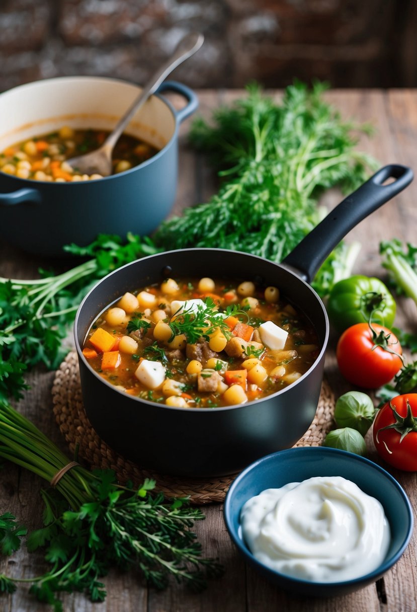 A rustic kitchen with a bubbling pot of yiaourtosoupa, surrounded by fresh herbs, vegetables, and a bowl of creamy yogurt