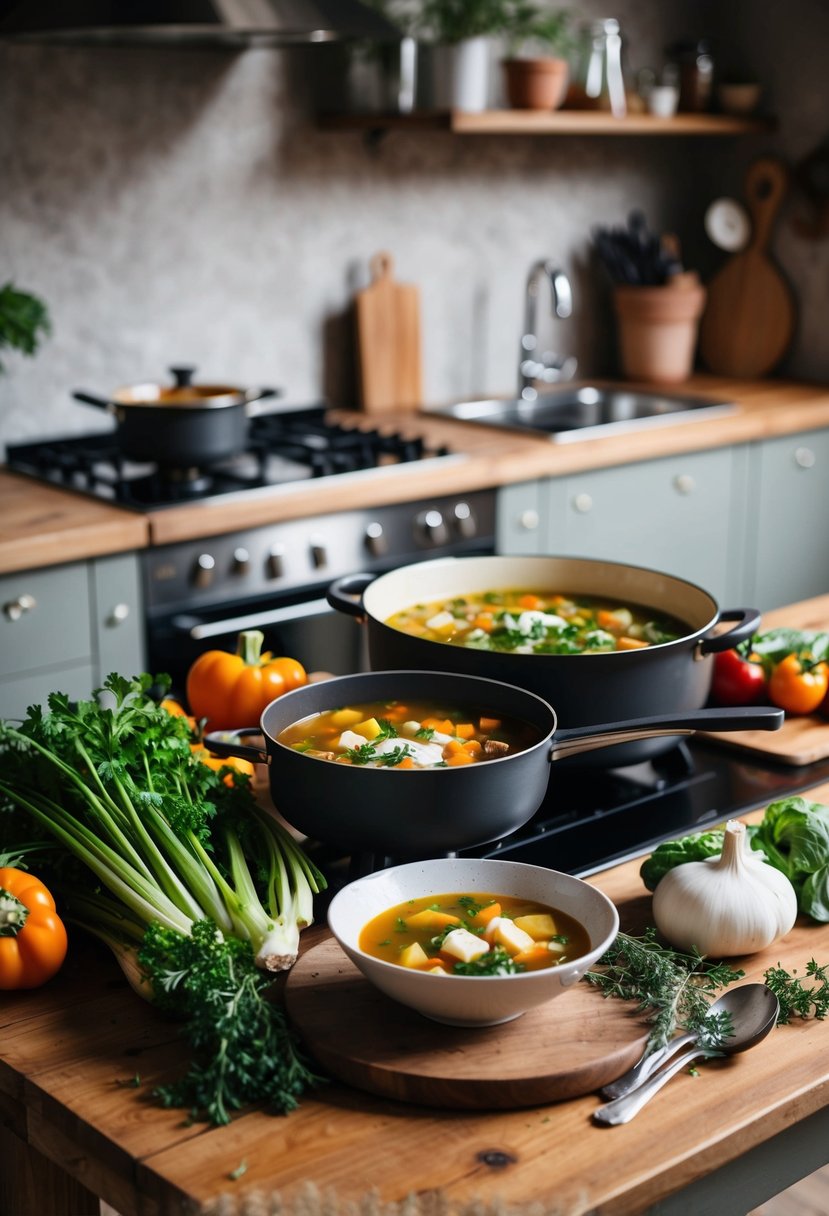 A rustic kitchen with fresh vegetables, herbs, and a pot simmering on the stove. A bowl of hearty Greek soup sits on the wooden table