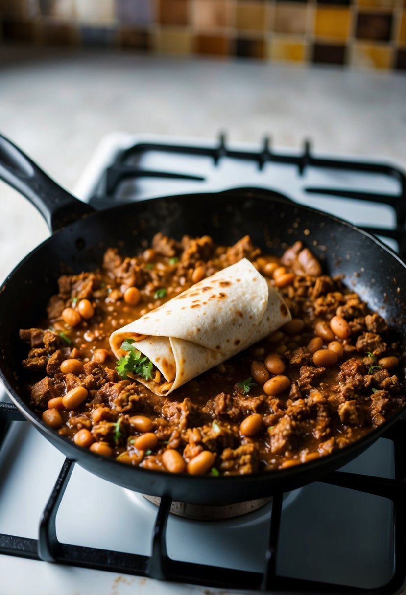 A sizzling skillet of beef and bean burritos cooking on a stovetop