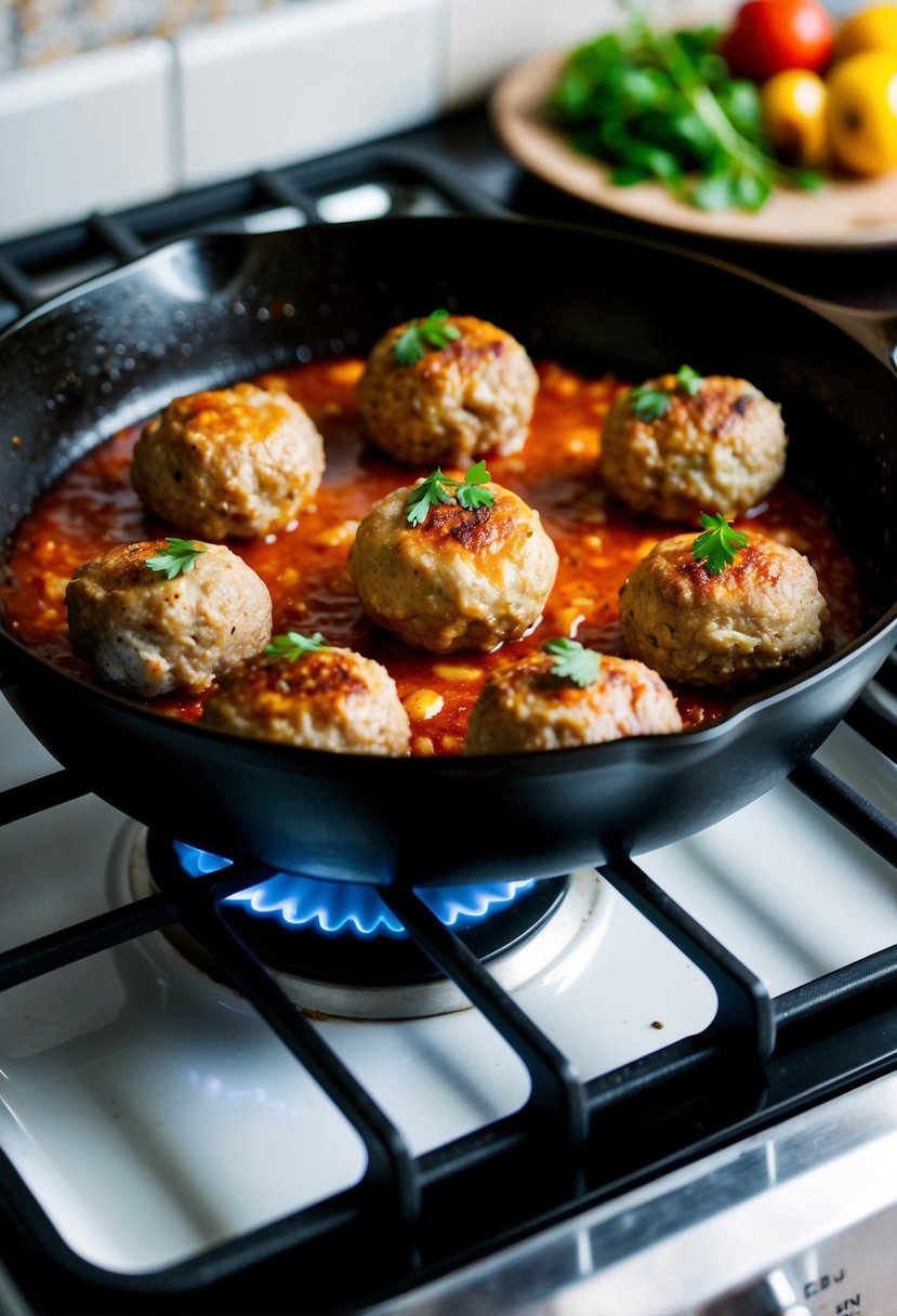 A sizzling skillet of Swedish meatballs cooking on the stove