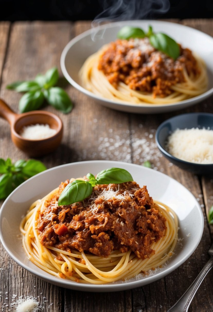 A steaming plate of spaghetti Bolognese with rich ground chuck sauce, topped with grated parmesan and fresh basil, served on a rustic wooden table