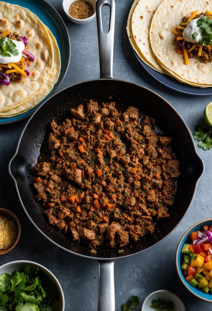 A sizzling skillet of ground chuck and seasoning, surrounded by colorful toppings and warm tortillas