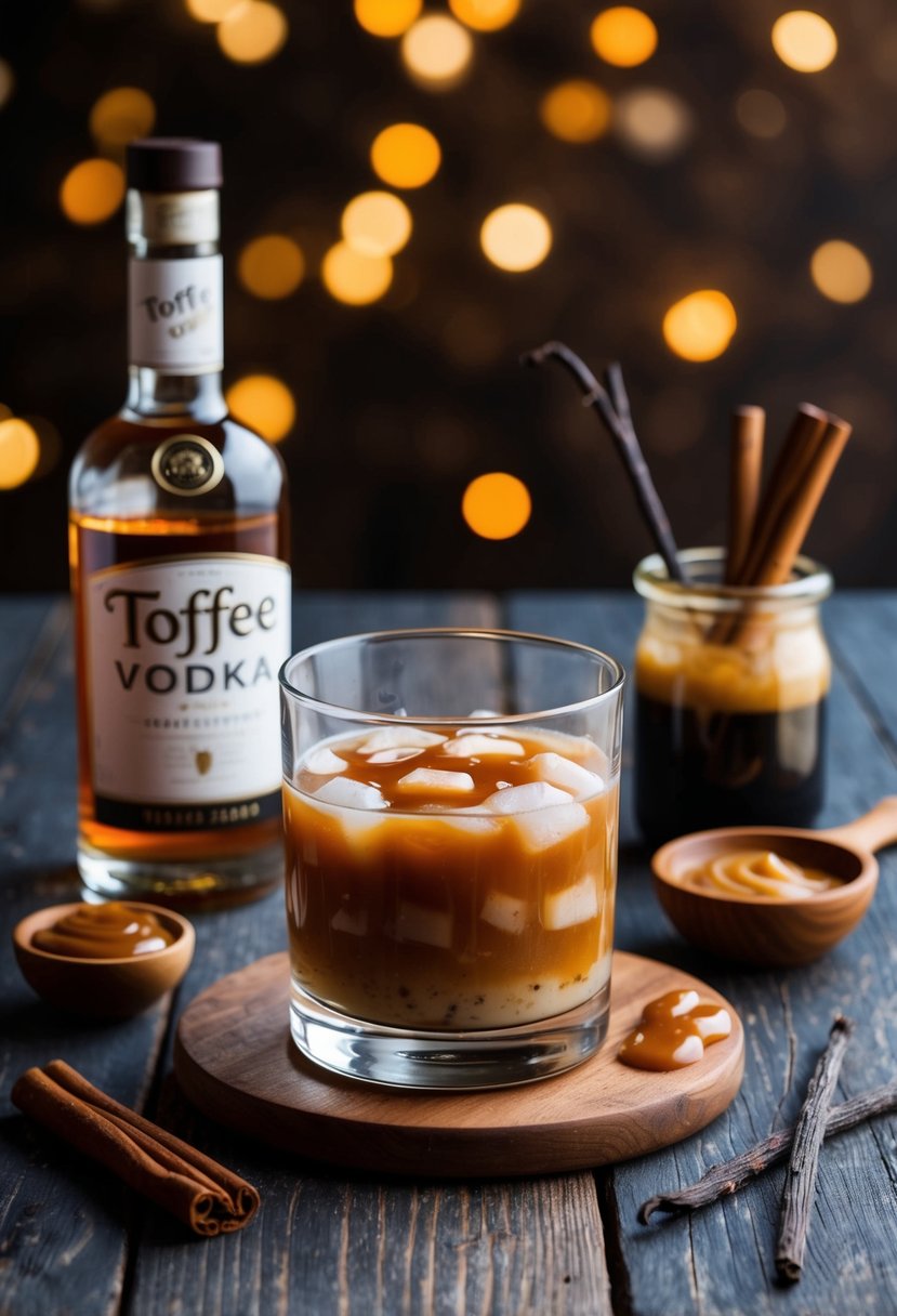 A glass of toffee vodka sits on a rustic wooden table, surrounded by ingredients like caramel sauce, vanilla beans, and cinnamon sticks