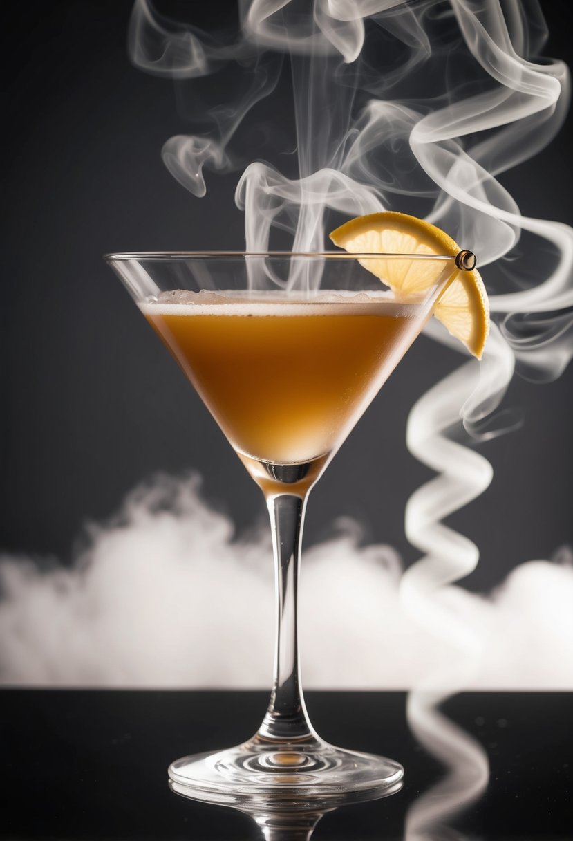 A sleek martini glass filled with toffee vodka, garnished with a twist of lemon, set against a backdrop of swirling wisps of steam