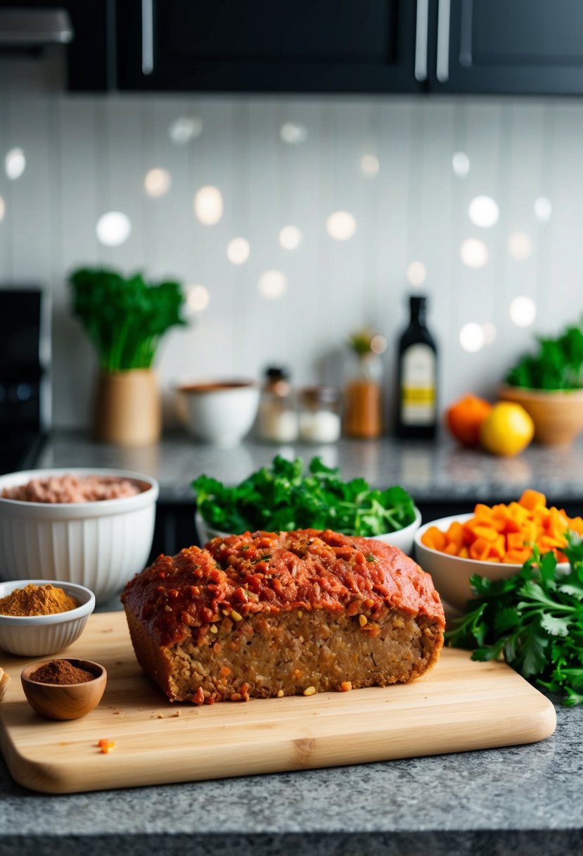 A kitchen counter with ingredients for meatloaf: ground chuck, spices, and vegetables ready to be mixed and formed into a loaf