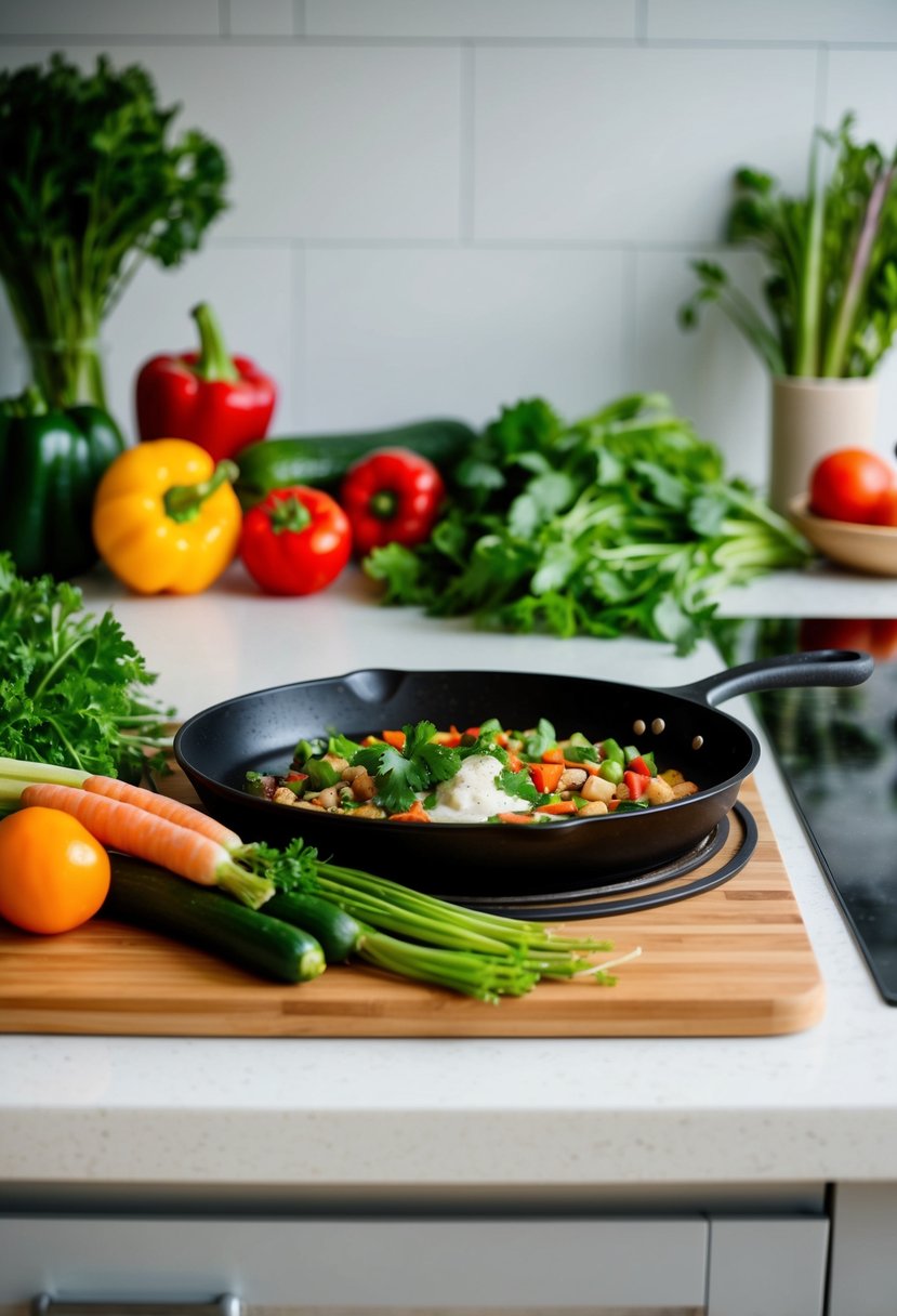 A kitchen counter with assorted fresh vegetables, a cutting board, and a skillet with sizzling ingredients for keto recipes