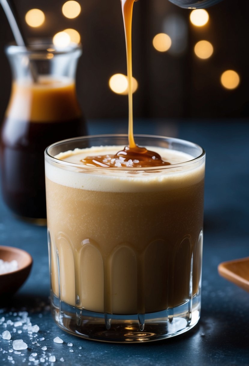 A glass filled with a creamy, caramel-colored cocktail, garnished with a sprinkle of sea salt and a drizzle of caramel syrup