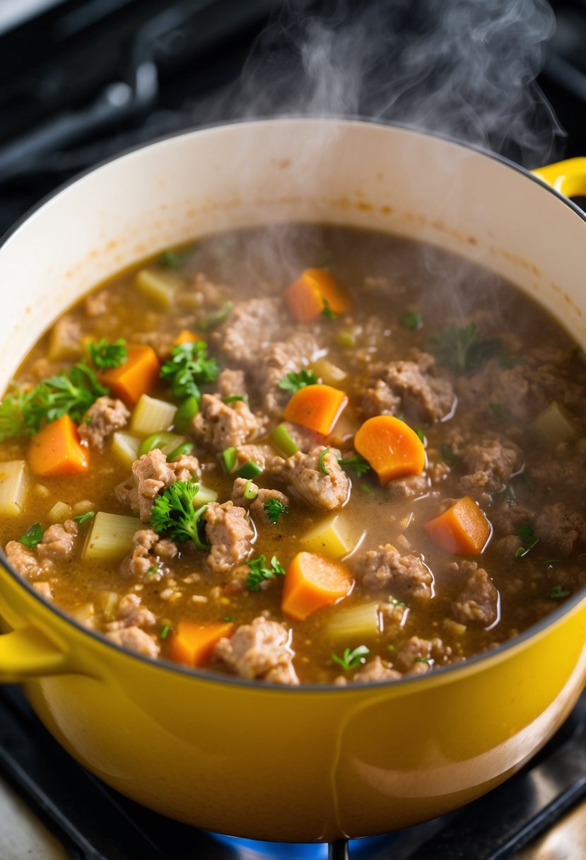 A steaming pot of hamburger soup simmering on a stove, filled with chunks of ground chuck, vegetables, and savory broth