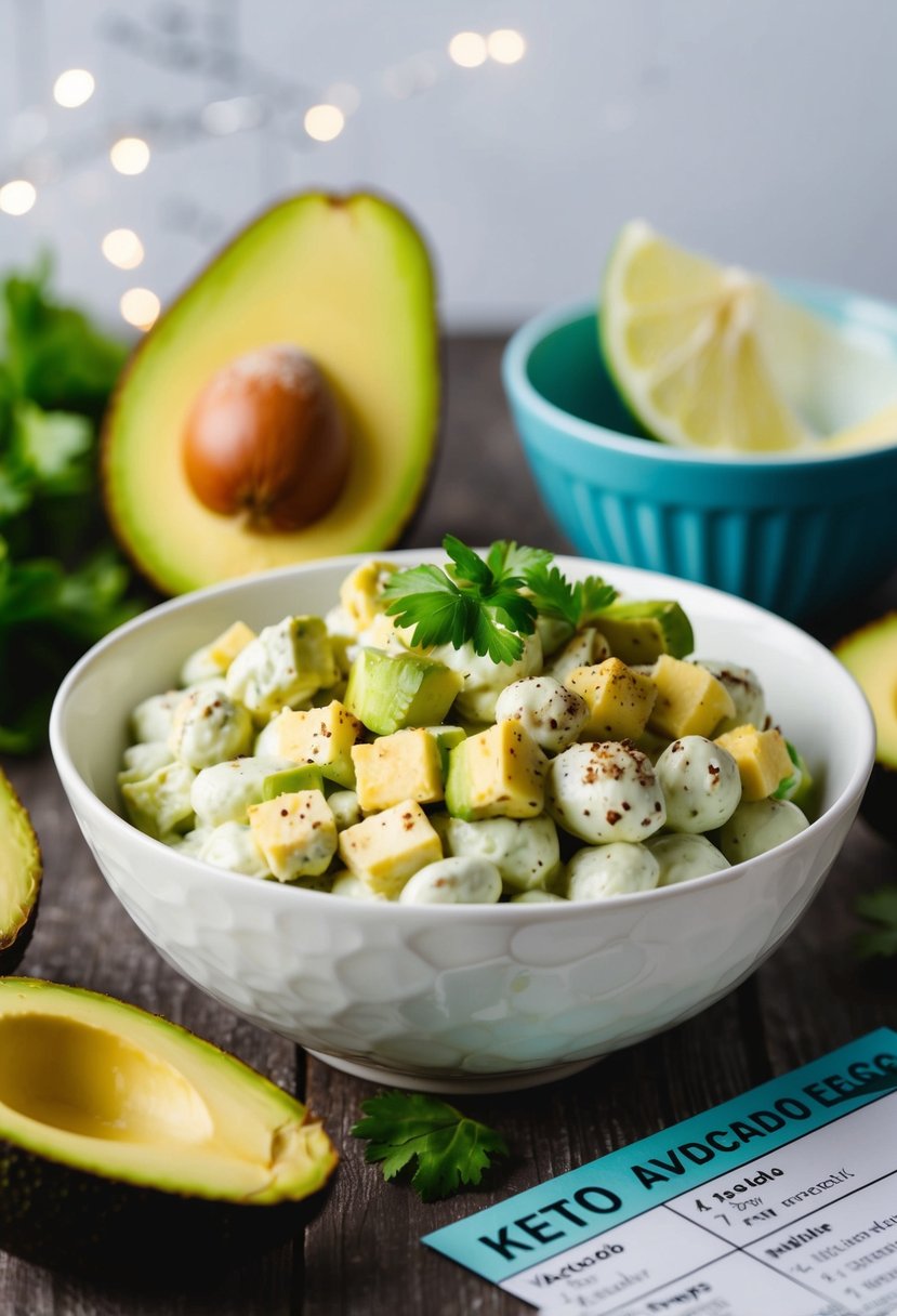 A bowl of creamy avocado egg salad with fresh ingredients and a keto-friendly recipe card nearby