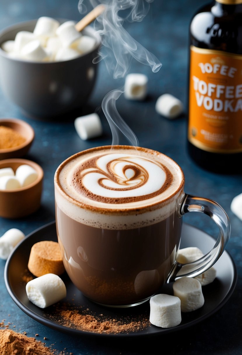 A steaming mug of hot chocolate with a swirl of toffee vodka on top, surrounded by marshmallows and a sprinkle of cocoa powder