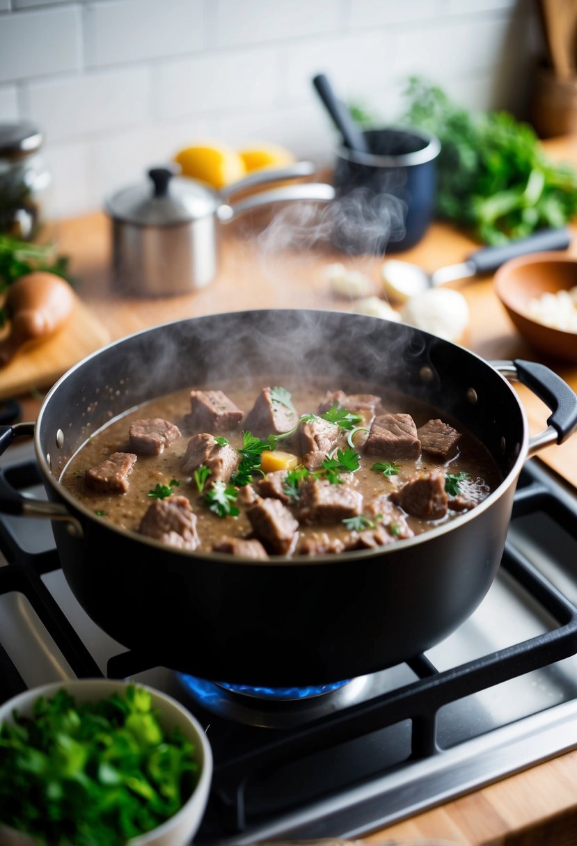 A steaming pot of beef stroganoff simmers on a stove, surrounded by fresh ingredients and cooking utensils